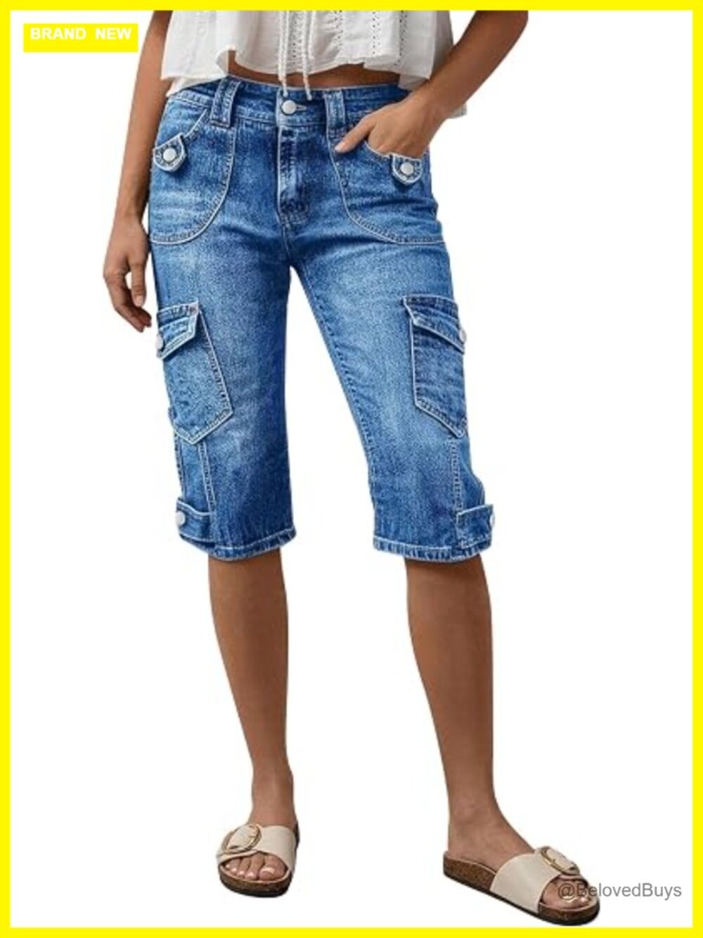 Mid Rise Straight Leg Capri Cargo Jeans with Flap Pockets